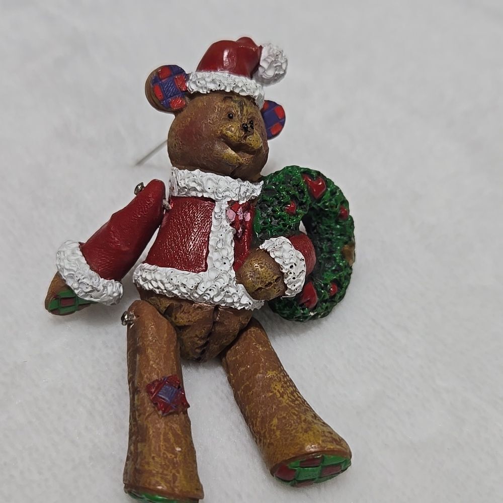 Festive Teddy Bear Christmas Brooch With Moveable Limbs